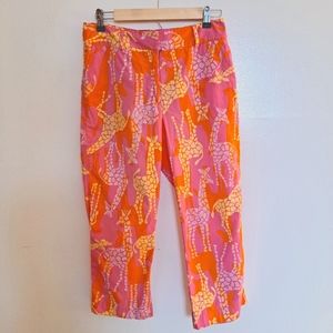 Lilly Pulitzer Cropped Pants Sz 6 Giraffe Orange Pink Yellow Cotton White Label